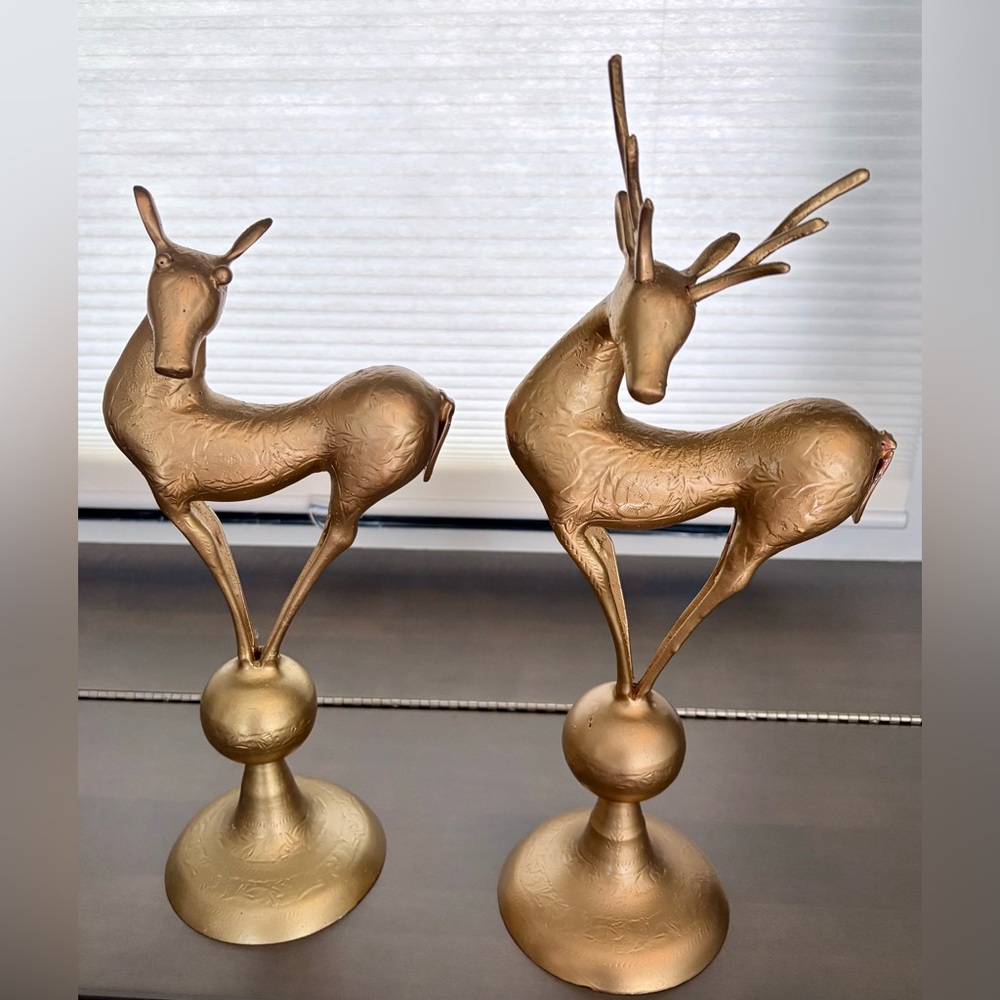 Set of 2 Vintage Ukrainian Metal Elegant Floral Embossed Gold Deer Figurines